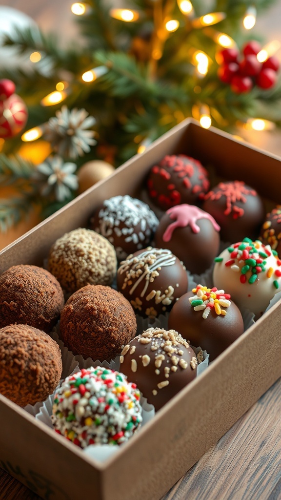 A decorative box filled with assorted chocolate truffles, coated in cocoa powder and nuts, on a festive table.